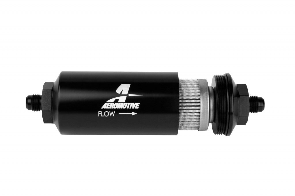 AEROMOTIVE 12349 - 6an Inline Fuel Filter 100 Micron 2in OD Black image