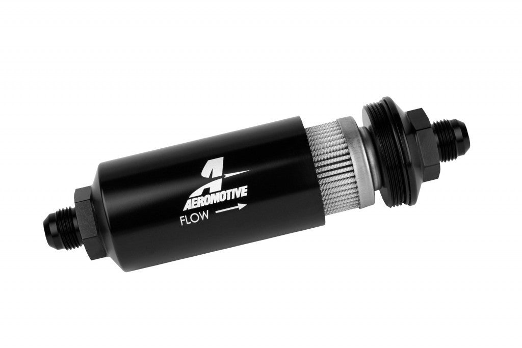 AEROMOTIVE 12378 - 8an Inline Fuel Filter 40 Micron 2in OD Black image