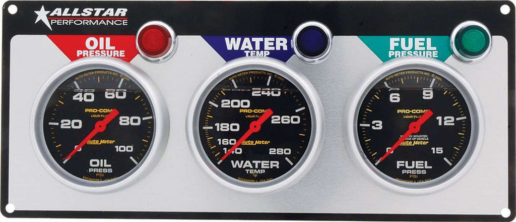 ALLSTAR PERFORMANCE 80123 - 3 Gauge Panel A/M OP/WT/FP Liquid Filled image