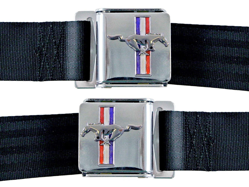 DRAKE AUTOMOTIVE GROUP SB-BK-H - 64-73 Mustang Seat Belts w/Mustang Emblem image