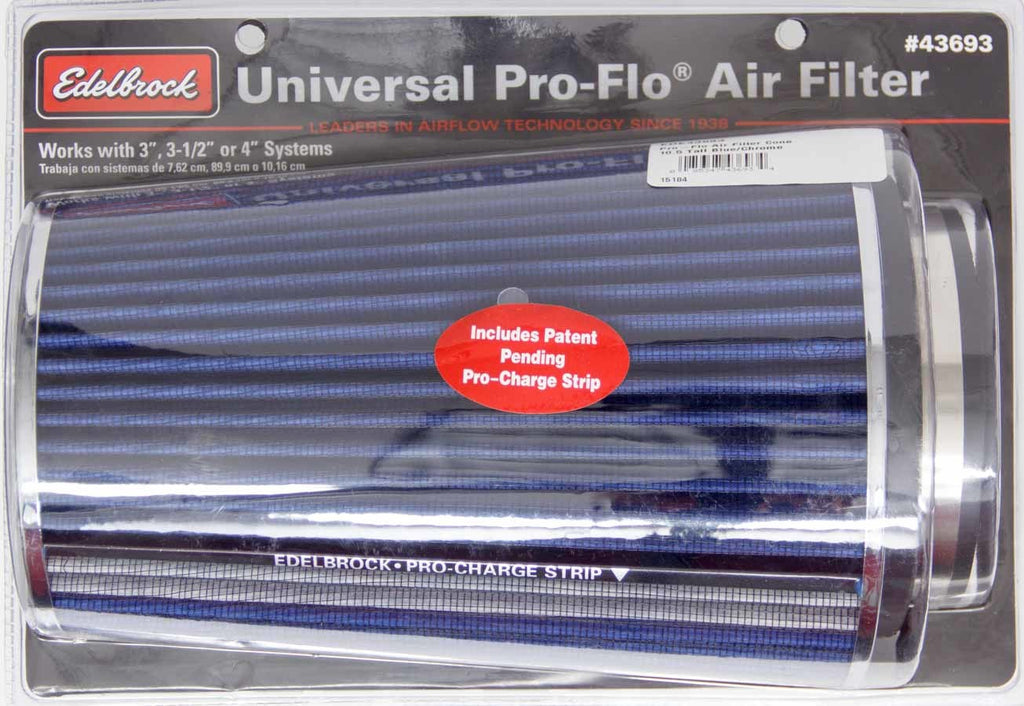 EDELBROCK 43693 - Pro-Flo Air Filter Cone 10.5 Tall Blue/Chrome image