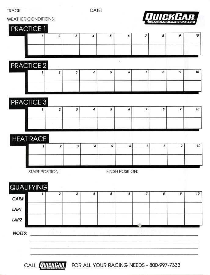 QUICKCAR RACING PRODUCTS 51-235 - Time Organizer Sheets 100 Lap (50PK) image