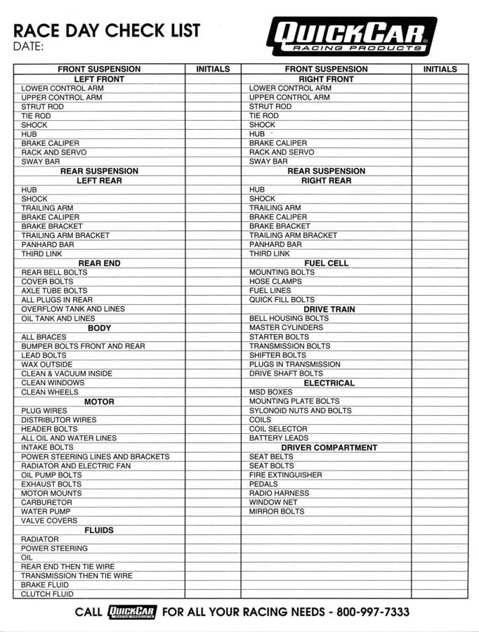 QUICKCAR RACING PRODUCTS 51-237 - Race Day Check-List  image